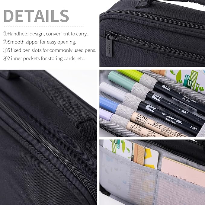 EASTHILL Large Capacity Pencil Case Pen Pouch Organizer Canvas Pencil Bag with Handle School Supplies for Teen Girls-Black