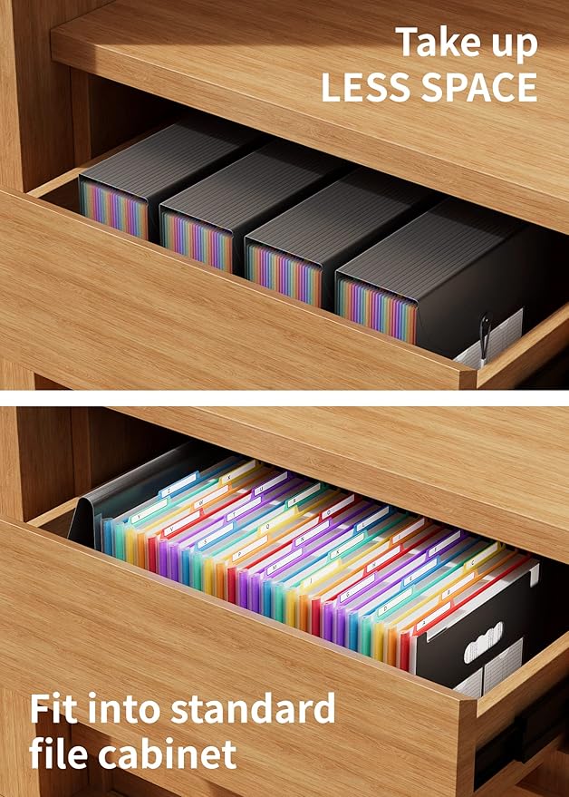 ABC life 26 Pockets File Organizer, Expanding File Folder A4 Letter Size, Portable Monthly Paper Bill Tax Receipt Organizer, Document Holder with Labels, A-Z Alphabetical Colored Tabs - Black