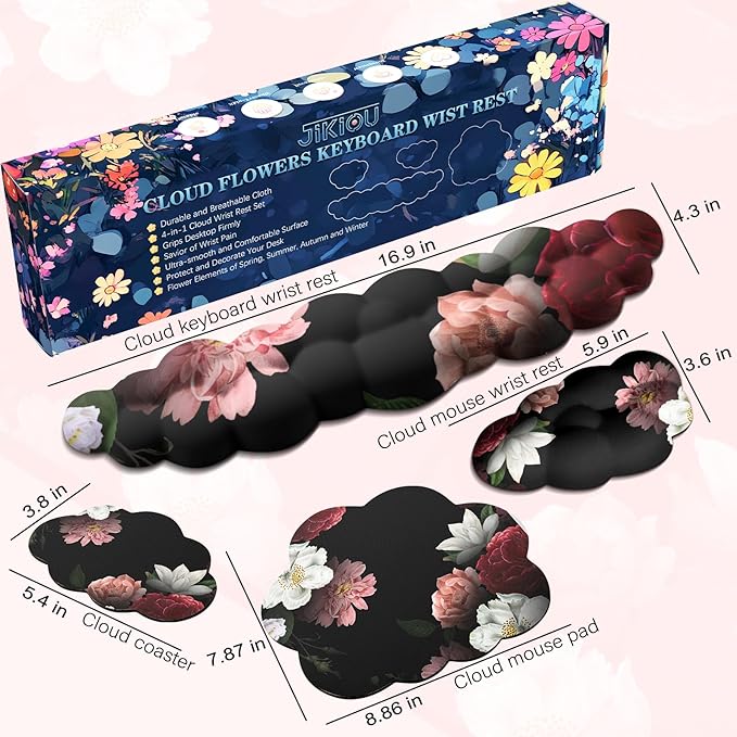 JIKIOU Cloud Wrist Rest Keyboard, Cloud Keyboard Wrist Pad Set with Comfortable Cloth, Cute Arm Rest for Palm Support, PC/Gaming Desk Accessories/Office Setup/Computer Hand Cushion Multicolored Peony