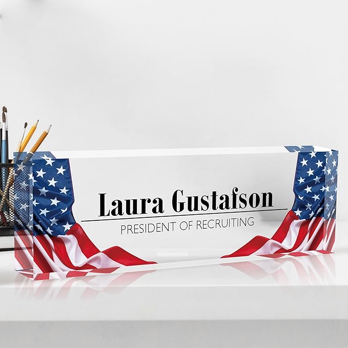 Desk Name Plate Personalized Name Plate for Desk, Office Desk Decor, 3D Style Personalized Plaque Name Plates for Desks Custom Appreciation Gifts for Boss Lady Employee Coworkers (USA Flag)