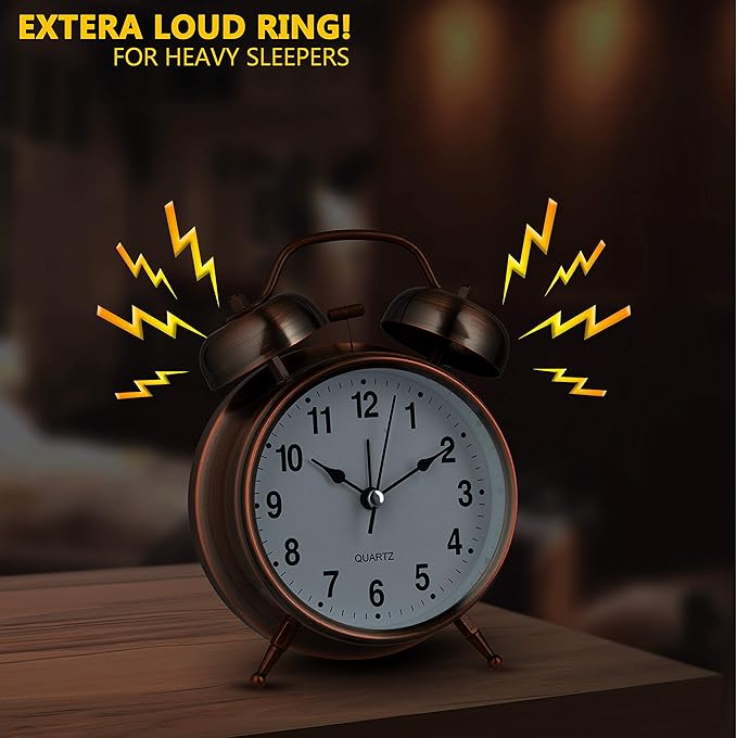 Bernhard Products Analog Alarm Clock Twin Bell Retro Copper Metal 4" Extra Loud Quartz Battery Operated with Backlight for Bedside Table Vintage Silent Non-Ticking Old fashioned Decorative Desk Clocks