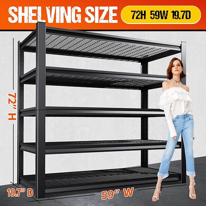 72" H Garage Shelving Heavy Duty Storage Shelves, 5-Tier Adjustable Metal Shelving Unit, Utility Garage Organizer Shelf for Basement, Pantry, Warehouse, Supermarket, 59" W x 19.7" D x 72" H