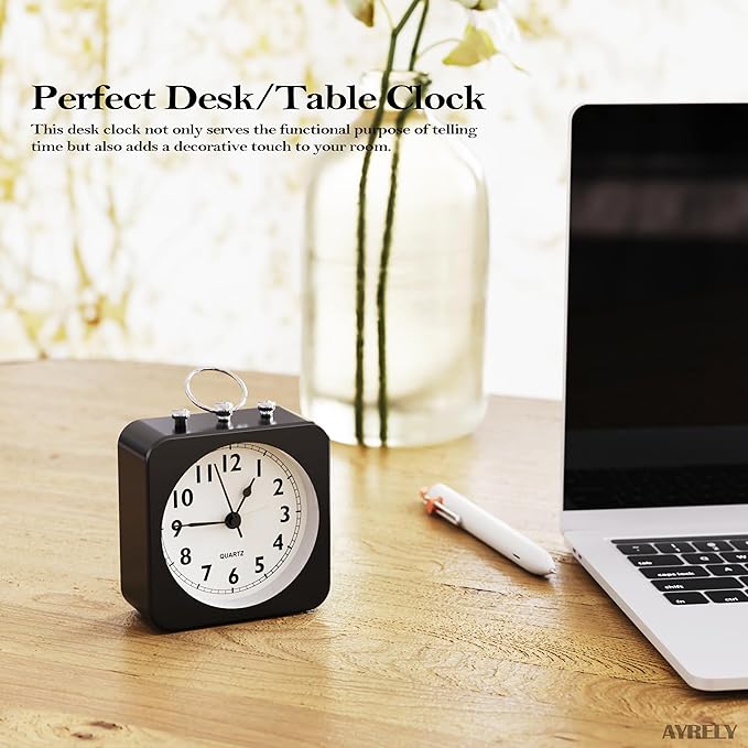 AYRELY® Battery Operated Alarm Clock,Small Retro Table Clock,Slient Metal Desk Clock with Light for Living Room Decor,Bedroom,Bedside,Shelf (Black)