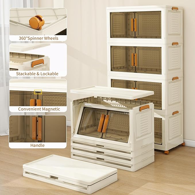 Plastic Stackable Storage Bins with Lids and Wheels, 720QT-180QT*4Tier Foldable Closet Organizers and Containers, Collapsible Clear Drawer Storage Cabinet with Doors Ivory White
