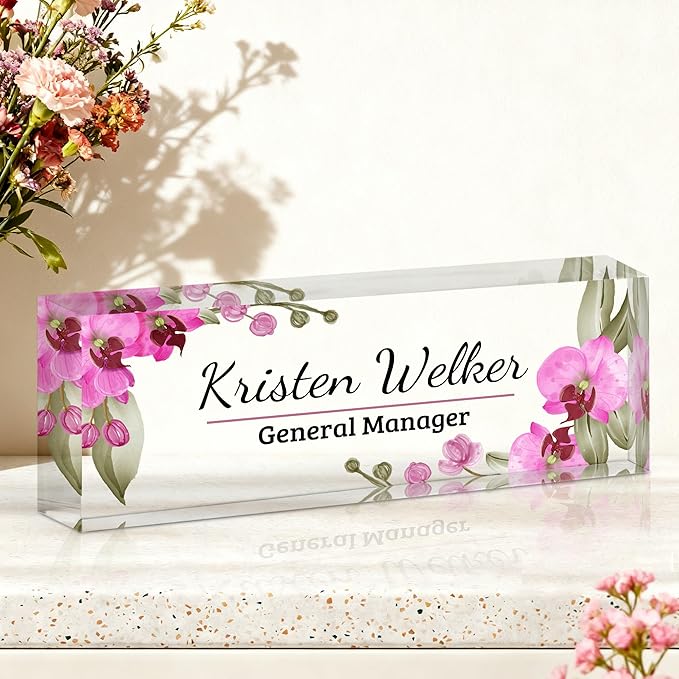 Ship Next Day-Custom Name Plate for Desk, Desk Name Plate Personalized, Acrylic Office Desk Accessories, Appreciation Gifts for Coworkers Employee Teachers Boss Women Men (Butterfly Orchid)