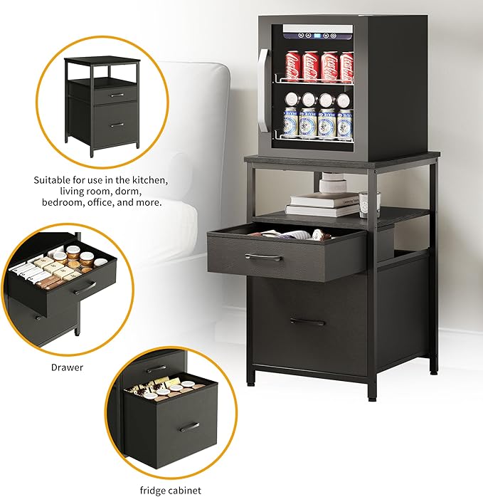 Mini Fridge Stand with 3 Storage, Mini Fridge Cabinet, Beverage Fridge Table, Heavy Duty 18.11" L* 18.11" W Tabletop, for Dorm, Apartment,Office, Bedroom White HB03BXB