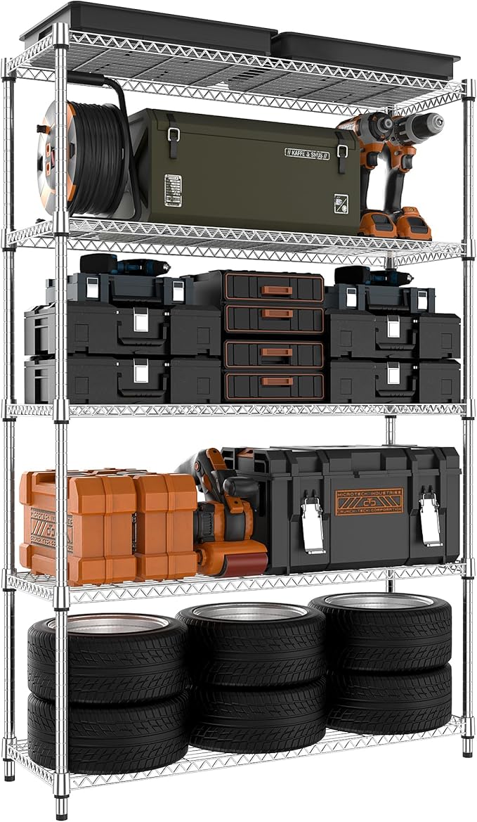 MZG 1750 lbs 5 Tier Storage Rack Metal Wire Shelving Unit, Storage Standing Household Shelf Organizer for Kitchen Pantry Closet Garage Basement Utility Room, Chrome 15.7" D x 45.3" W x 70.4" H