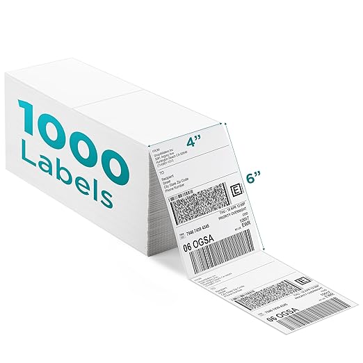Shop4Mailers 4x6 Fanfold Direct Thermal White Adhesive Perforated Blank Address Shipping Labels for Packages, Compatible with Zebra & Rollo Printer (1000 Labels)