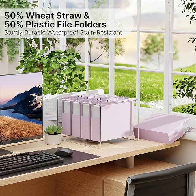 Letter Size Hanging File Folders with Tabs,2'' Expansion,12 Pack Heavy Duty Wheat Straw Plastic Hanging Folder,Extra Capacity Filing Cabinet Folders,File Organizer for File Box(Morandi Purple)