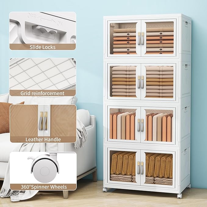Large Clear Stackable Storage Bins with Lids, 597QT-99.5QT*6Tier Foldable Cabinet for Closet Organizers, Plastic Storage Box with Wheels White