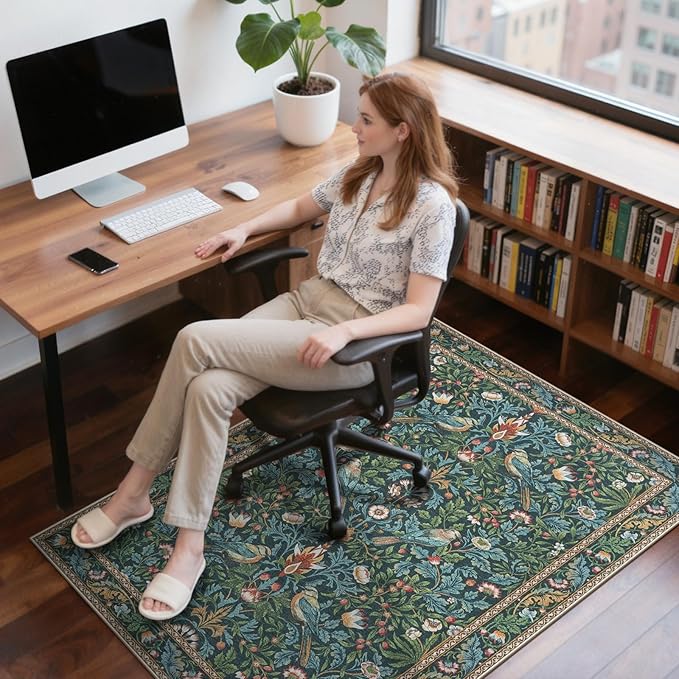 Anidaroel 48"x60" Office Chair Mat for Hardwood Floor, Anti-Slip Floor Mat for Office Chair, Vintage Floral Bird Desk Floor Mat, Low Plie Office Rugs for Rolling Chairs, Navy Blue