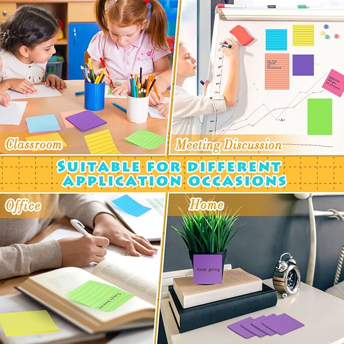 Yexiya 64 Pcs Lined Sticky Notes Self Stick Notes with Lines Bright Assorted Colors Sticky Pad for Home Office Products Post Memos, 1920 Sheets(4 x 6 Inch, 3 x 3 Inch,Multi Color)