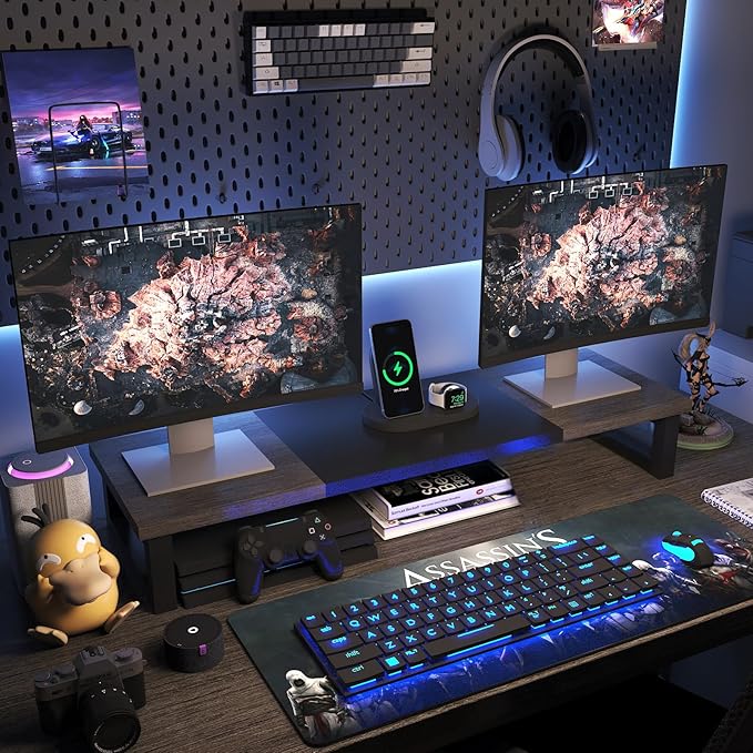 WESTREE Dual Monitor Stand Riser, Wood and Steel Monitor Stand Riser, Computer Monitor Stand for 2 Monitors, Multi-Purpose Desktop Storage Stand for Computer,Laptop,Printer,TV