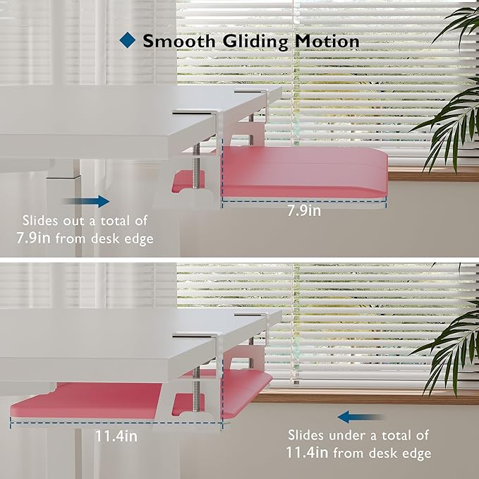 BONTEC KMT01 Under Desk Keyboard Tray, Pull-Out Keyboard & Mouse Platform with C-Clamp, 25.6 x 11.8 in Space-Saving Ergonomic Slide-Out Drawer, Pink