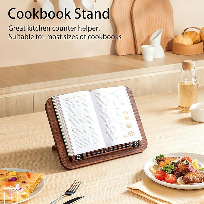 Portable Book Stand for Reading, Adjustable Wooden Laptop Stand. Foldable Desktop Stand for Cookbook, Fits All Books (Walnut, Chinoiserie Simple)