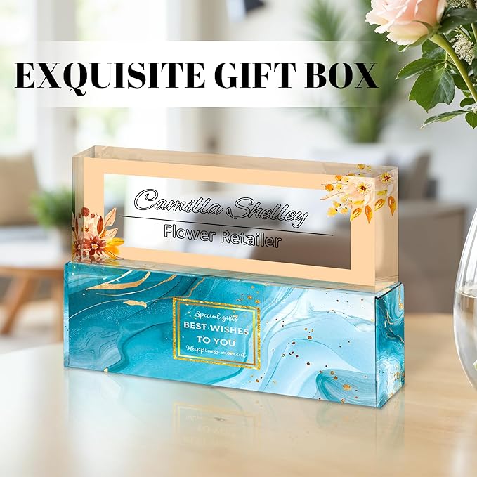 Personalized Name Plate for Desk, Custom Acrylic Desk Name Sign, Office Appreciation Gifts for Women Men Coworkers Boss Teacher Employee (Yellow-Floral)