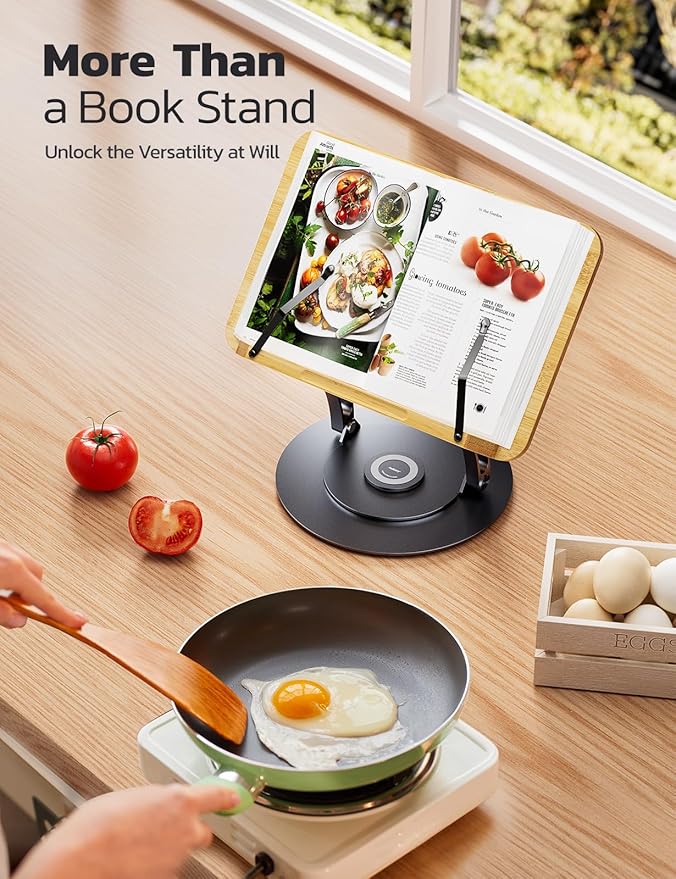 Nulaxy Bamboo 360 Rotating Book Stand for Reading, Adjustable Textbook Holder for Reading Hands-Free, Foldable Desktop Cookbook Stand with Protective Page Clips, Fits All Books - Gray