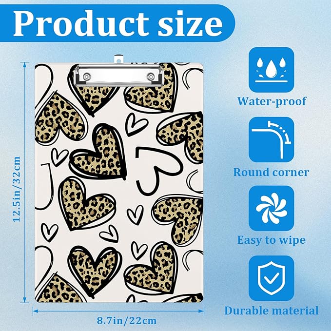 Brown Black Heart Leopard Clipboard Decorative Clip Board with Metal Clip A4 Standard Size 12.5" X 8.7" for Teacher Students Nurses Office