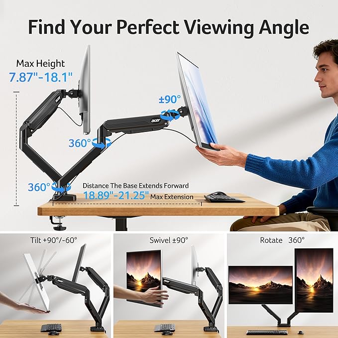 Acer Dual Monitor Arm, Computer Desk Arm with VESA Mounts for 17–32″ Screens, Fully Adjustable Gas Spring Monitor Stand, C-Clamp and Grommet Mounting Base, Fits 4.4 to 19.8lbs Computer Monitors