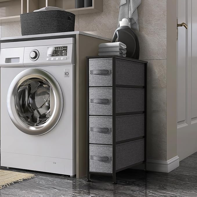 Sorbus Narrow Dresser with 4 Drawers - Vertical Slim Storage Chest of Drawers with Steel Frame, Wood Top & Easy Pull Fabric Bins for Small Spaces, Closets, Bedroom, Bathroom & Laundry (Black/Charcoal)