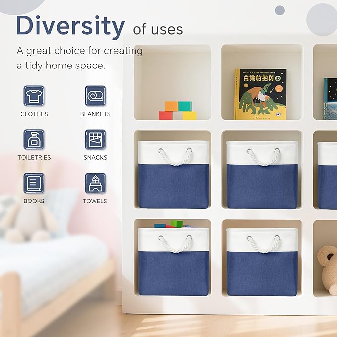 Cube Storage Baskets, 6 Pack 11x11 inch with Cotton Handles for Closet, Shelves, Clothes, Towel (White/Navy Blue)