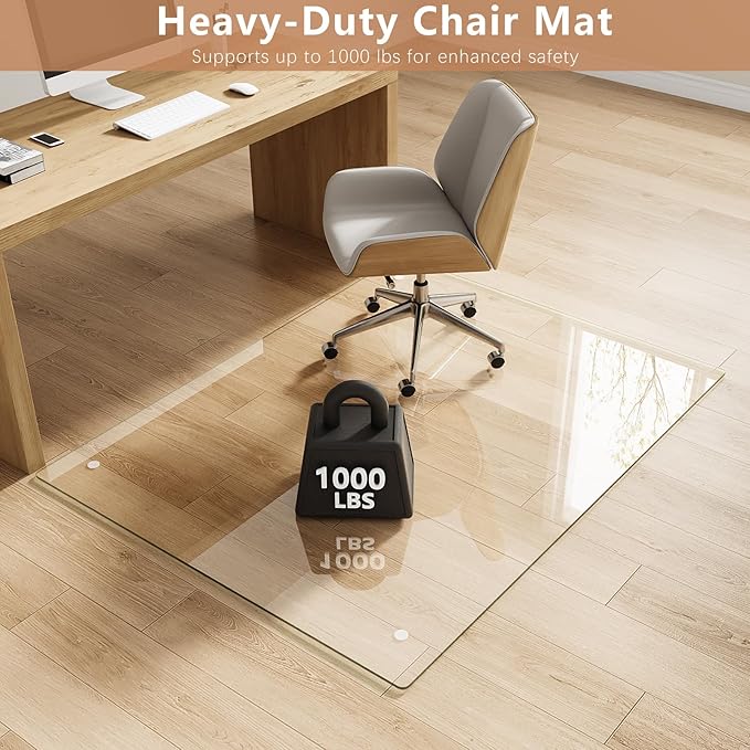 Tempered Glass Chair Mat for Carpet & Hard Floor, 46"x55" Office Chair Mat - Heavy Duty & Scratch Resistant, Non-Slip Pads, Rounded Corners & Polished Edges
