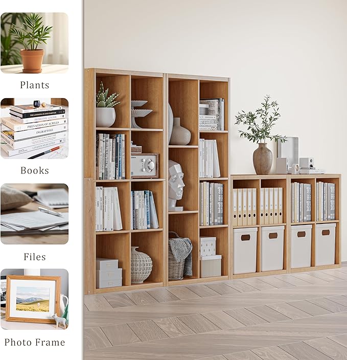 Cube Storage Organizer Bookcase, Decorative 11 inch Open Back Cubical Shelf with Thickened Border, Display Bookshelf for Living Room, Home Office, Sturdy Room (Natural Oak, 8 Cube)