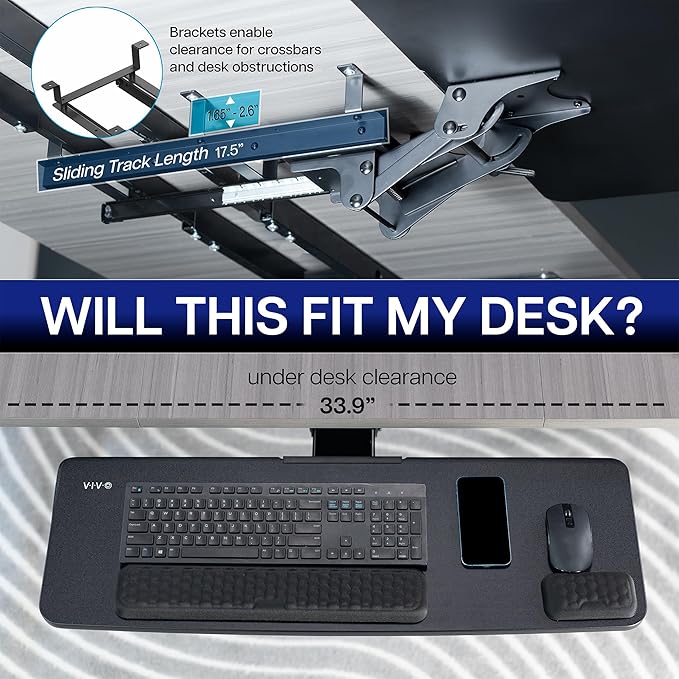 VIVO Premium Adjustable 34 x 11 inch Computer Keyboard and Mouse Platform Tray, Ergonomic Under Table Desk Mount Drawer with Padding, Black, MOUNT-KB34P-B