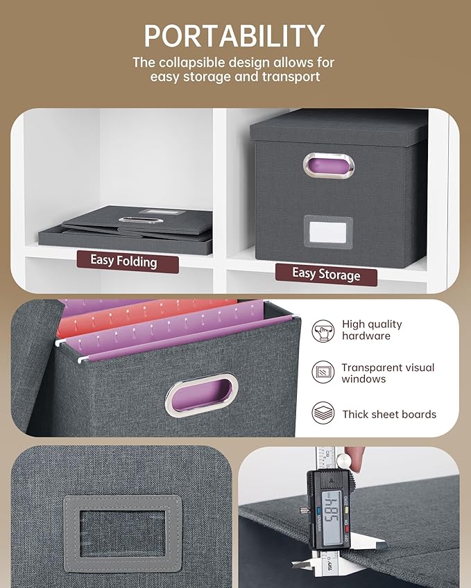 4 Pack File Storage Organizer, Document Organizer, Portable File Box with Lid, Fit for Letter/Legal File Folder Storage,Dark Gray-Box only