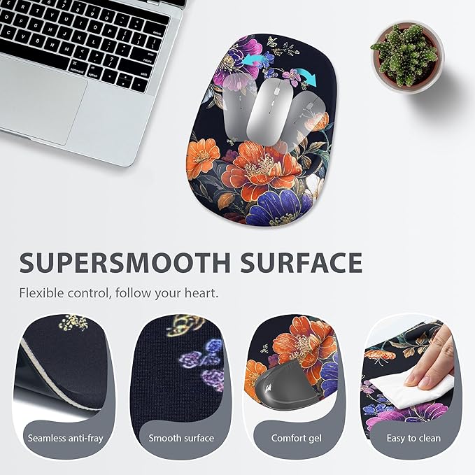 Ospelelf Wrist Rest for Keyboard and Mouse Ergonomic Mouse Pad with Wrist Support Memory Foam Wrist Rest for Computer Keyboard,3-in-1 Gel Mouse and Keyboard Pad for Office Black Flower
