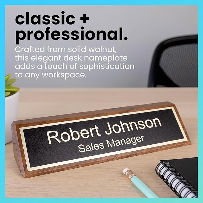 ExcelMark Personalized Walnut Wood Business Desk Black Name Plate with Gold Letters - 2"x 8"