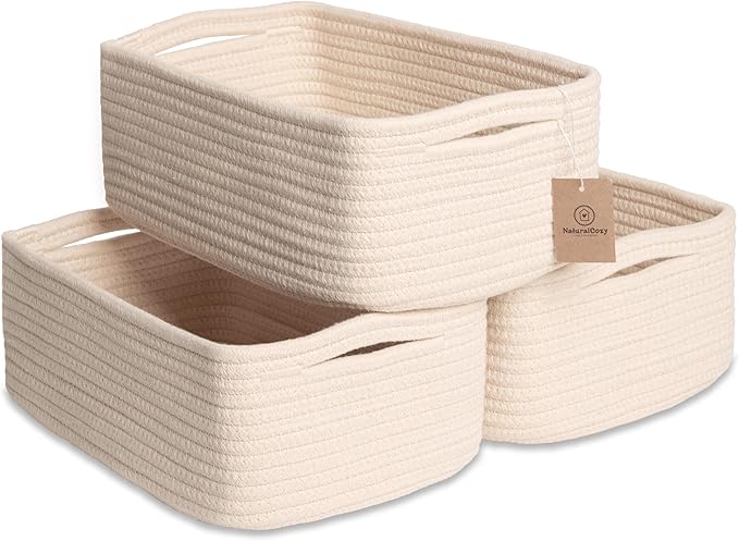 NaturalCozy 11.8"x8"x4.5” Storage Baskets for Shelves 3 Pack | Cotton Rope Woven Small Baskets for Organizing | Small Storage Bins for Nursery, Bathroom, Closet, Cube Shelf, Decorative, Gift Basket