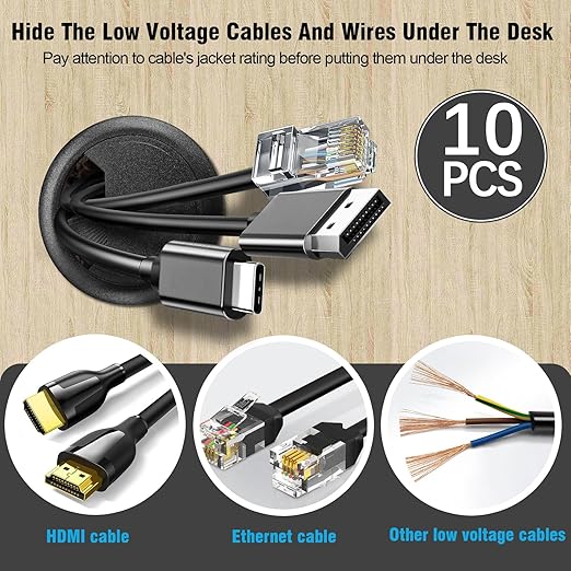 2-3/8" Spring Desk Grommet, JTemgle Plastic Cable Hole Cover Computer Table Cord Wire Organizer Caps Desktop Cord Management for Home Office TV Stands Tabletops - Black, 10 Pcs