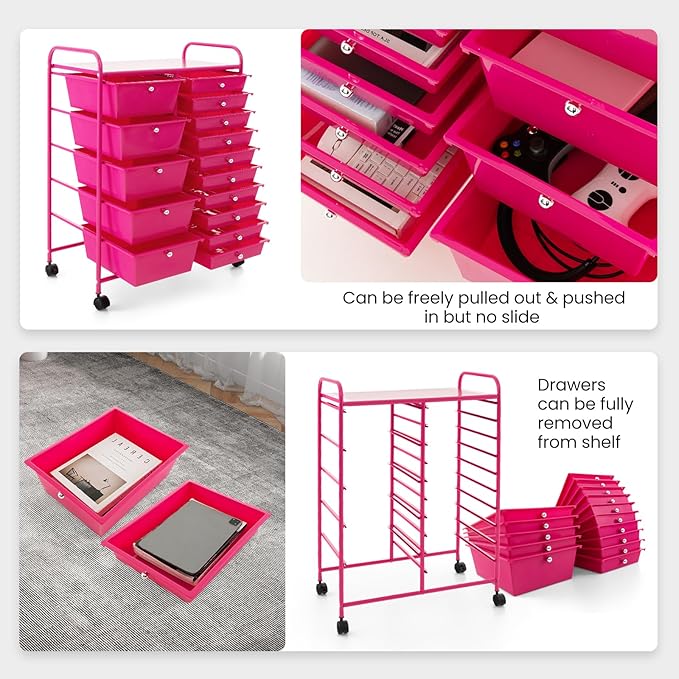 ARLIME 15-Drawer Storage Cart, 15 Drawer Trolley, Rolling Organizer Cart, Scrapbook Paper Organizer, Suitable for Office and School, Rolling Office Storage Tools (Hot Pink)