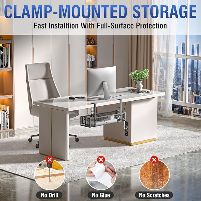 Under Desk Cable Management Tray - GZOKMOG No Drill Cord Organizer with Clamp, Reinforced Metal Mesh Workspace Organizers for Wire, Office Desk Accessories, 1 Pack Black, 15.75 inch