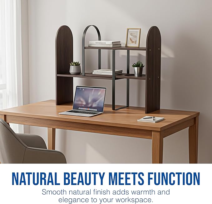 Maplefield Desk Hutch Expandable Shelf Organizer, Walnut Finish, Engineered Wood Desktop Storage Rack for Office, Dorm, or Home – Adjustable Over Desk Bookshelf for Supplies, Decor & Accessories