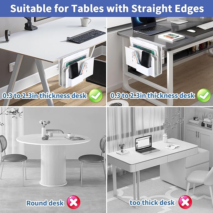 2 Tier Desk Side Storage, Under Desk Laptop Holder with Magnetic Pen Holder, Clamp on Table Organizer, No Drill Hanging Table Organizer for Office and Home Fits Flat Edge 0.3" to 2.3"