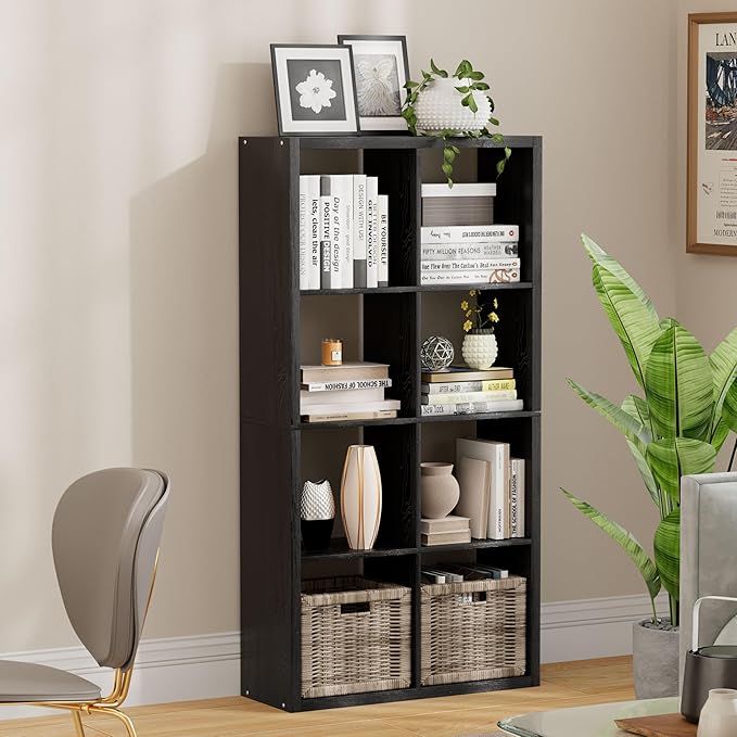 8 Cube Storage Organizer, Cube Shelf with Heavy-Duty Thick Boards, 25.12" L x 9.37" W x 48.74" H, Smooth Easy-Clean Panels, Simple Assembly, for Living Room Bedroom Home Office, Black