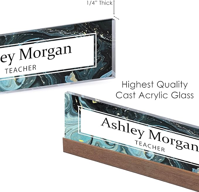 ARTBLOX | Office Personalized Name Plate Green Marble Design On Clear Acrylic Glass for Desk with Business Card Holder