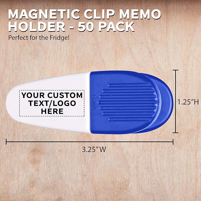 50 Magnetic Memo Holders Set - Customizable Text, Logo - Large Clip, Plastic - White Blue