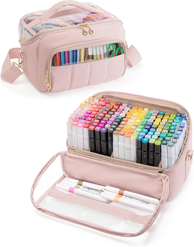 Quilted Marker Organizer Case Holds 180 Markers, Marker Storage Organizer Bag with Dividers and Detachable Crossbody Strap (Bag Only), Pink