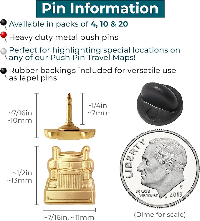 Semi-Truck Push Pins - for Cork Board, Maps, or Lapel Pin Use - Designed in USA - Gold Metal Semi-Truck Pins - Set of 20
