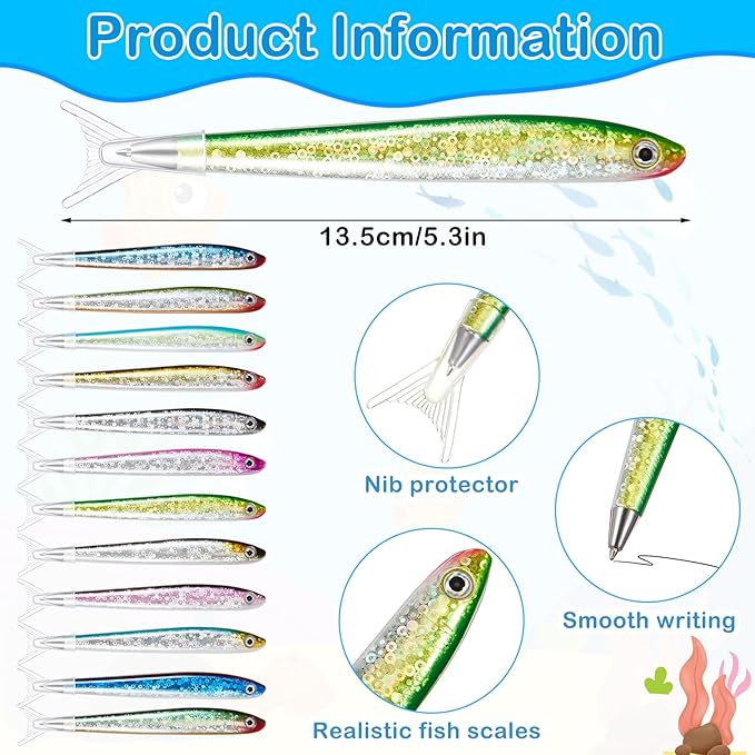 Outus 12 Pieces Fish Pens Fishing Birthday Party Favors Decoration Writing Ballpoint Pens for Office Valentine Day Chinese New Year Gifts (Glittery)
