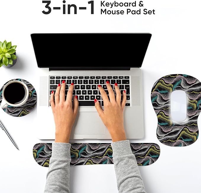 Wrist Rest Support for Mouse Pad Keyboard Set Circle Coaster Gaming Mouse Pad Ergonomic Gel Memory Foam Set for Computer, Laptop, Office, Pain Relief, Comfortably Typing New KM-41