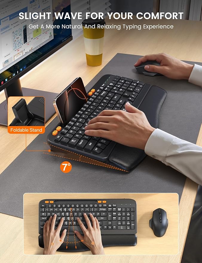 Wireless Keyboard and Mouse Combo, Ergonomic Wave Keys, Cushioned Palm Rest, Rechargeable, Phone Holder, Natural Typing, 2.4G Lag-Free, Full Size Keyboards Cordless Set for Windows/Mac -SABLUTE