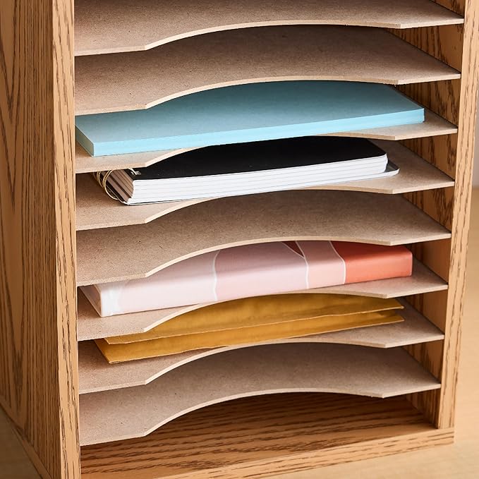 Safco Vertical Desktop Sorter, Wooden Paper Organizer for Home Office and Classroom, 11 Adjustable, Letter-Size Compartments, Medium Oak