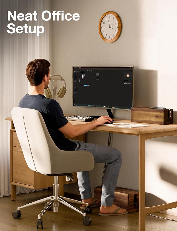 Acacia Large Cable Management Box - Set of 2 Cord Box Hider for Office - Cable Hider Box, Surge Protector Box for TV Wires, Desk - Power Strip Box with 2 Open Slots, Magnetic Lid (Walnut color)