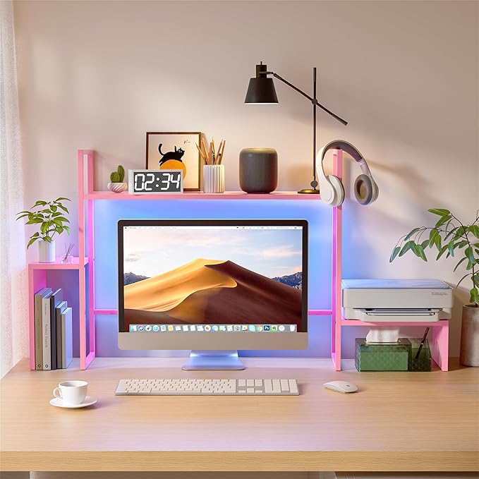 WelFurGeer LED Desk Shelf Organizer with RGB Light Strip, 2-Tier Desktop Shelf for Computer Monitor, Sturdy Metal Frame & Wood Shelves - Desk Hutch Bookshelf for Home Office, Dorm, Gaming Setup (Pink)