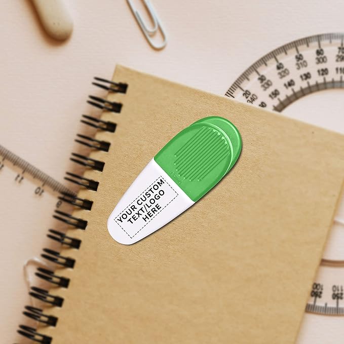 100 Magnetic Memo Holders Set - Customizable Text, Logo - Large Clip, Plastic - White Green