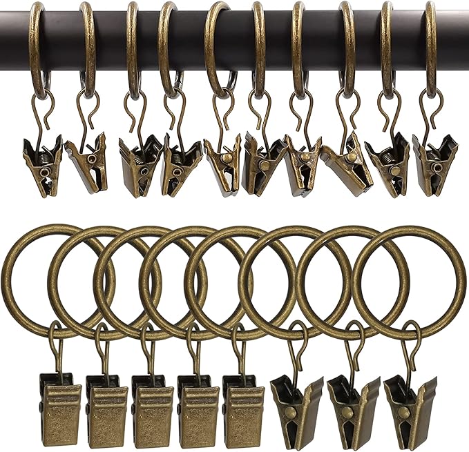 AMZSEVEN 100 Pack Metal Curtain Rings with Clips, Drapery Clips with Rings, Drapes Rings 1 inch Inner Diameter, Fits Diameter 5/8 inch Curtain Rods, Vintage Bronze
